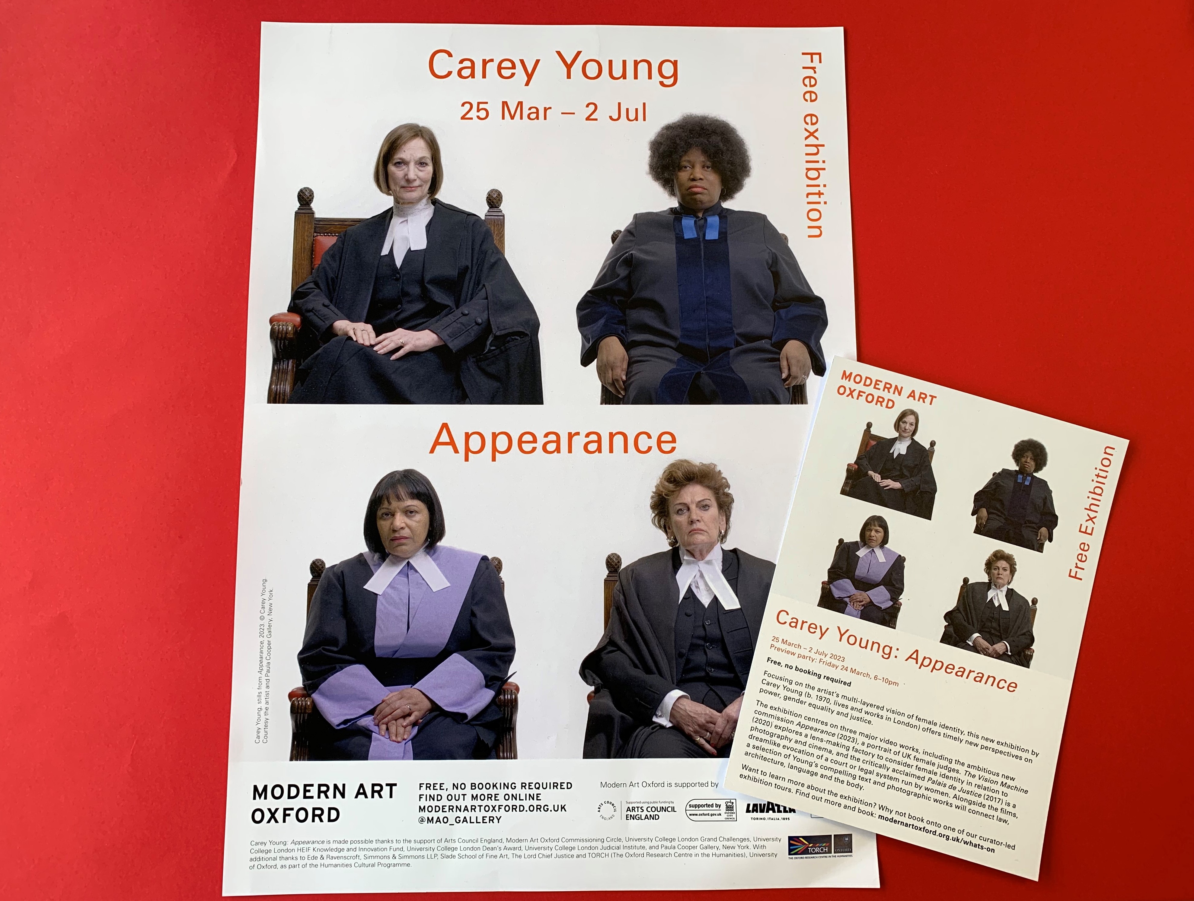Printed poster and printed flyer for Modern Art Oxford's spring 2023 exhibition featuring Carey Young's multi-layered vision of female identity